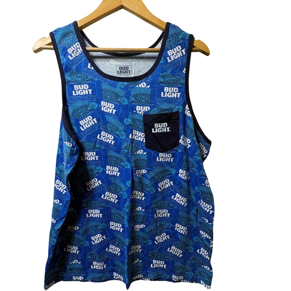 Bud Light Tank Top Mens XL Blue All Over Print Cotton Blend Beer Pocket Tee